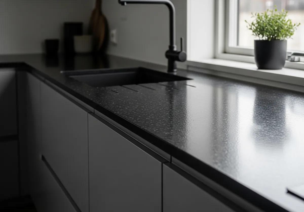 Black granite countertop in a modern kitchen