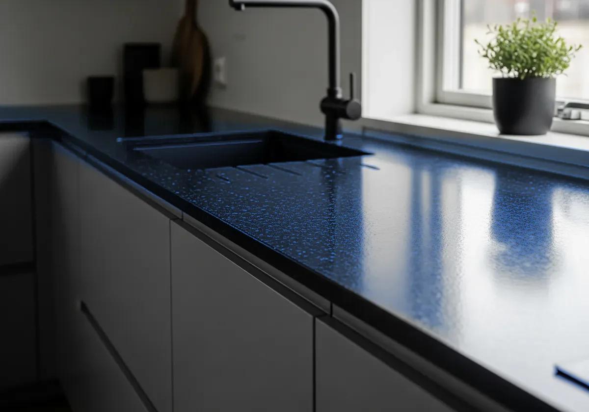 Volga Blue labradorite countertop in a modern kitchen