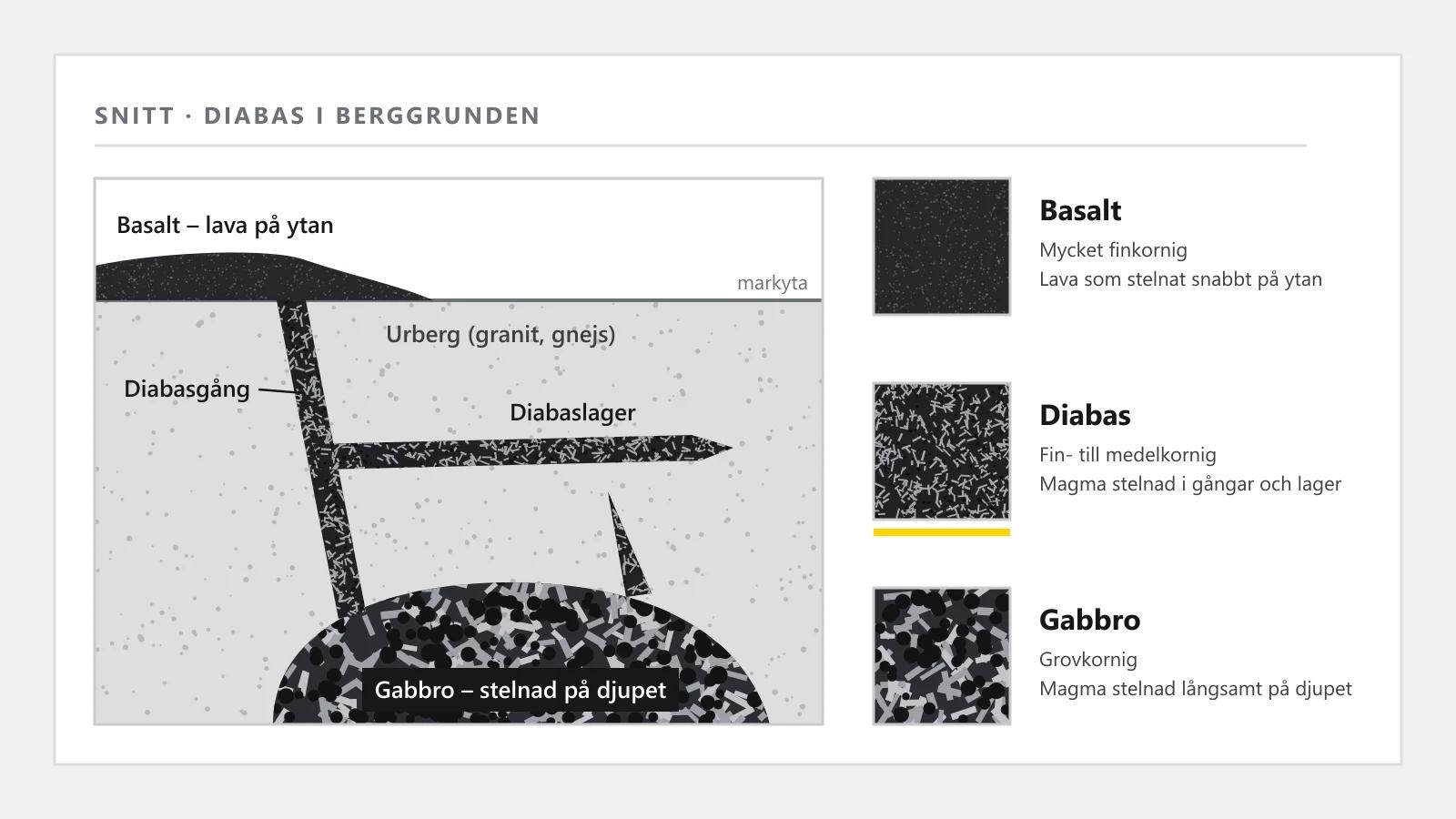 Snitt genom berggrunden med diabasgång och prover av basalt, diabas och gabbro