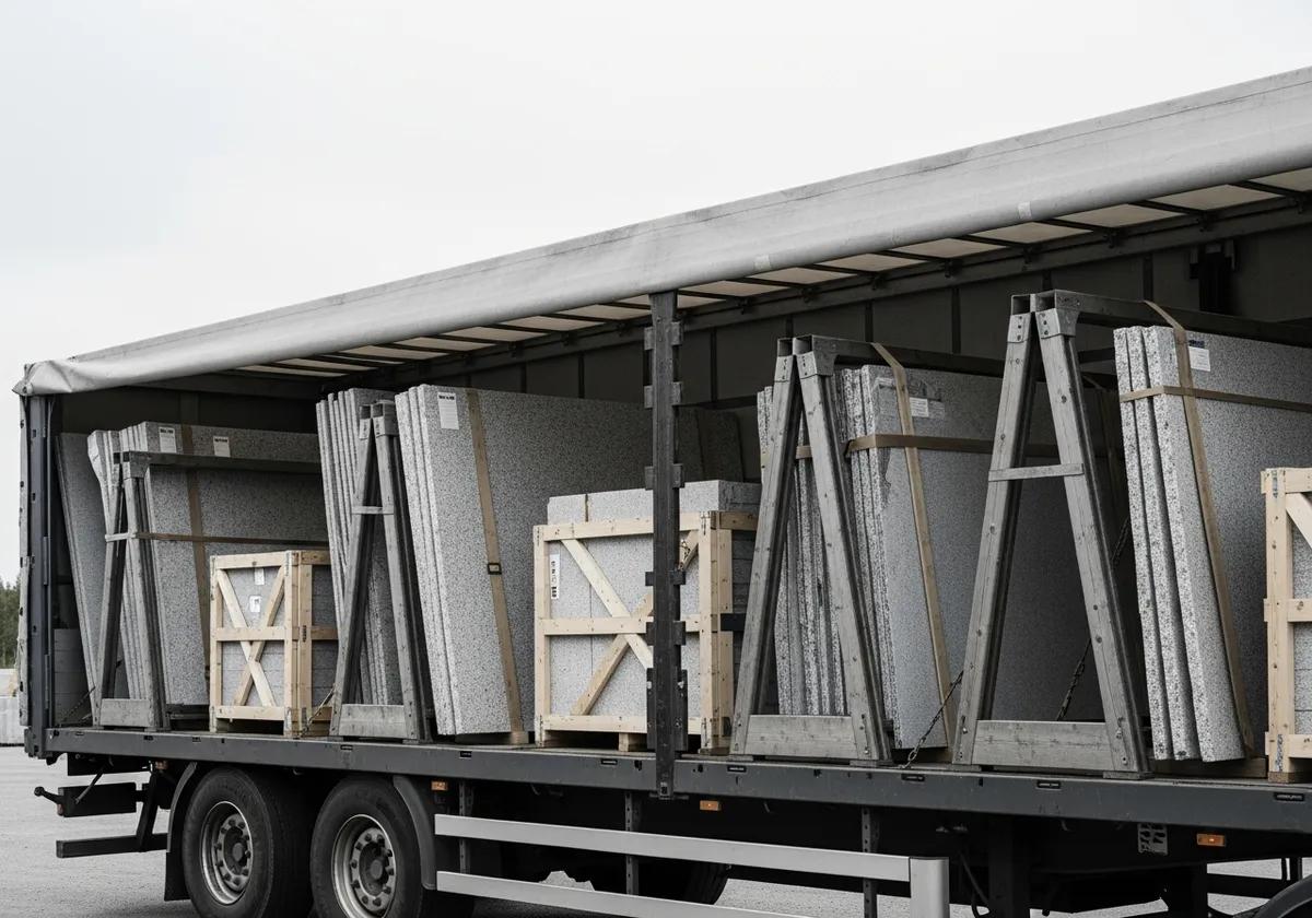 Granitslabs i A-frame-ställ lastade på lastbil för leverans