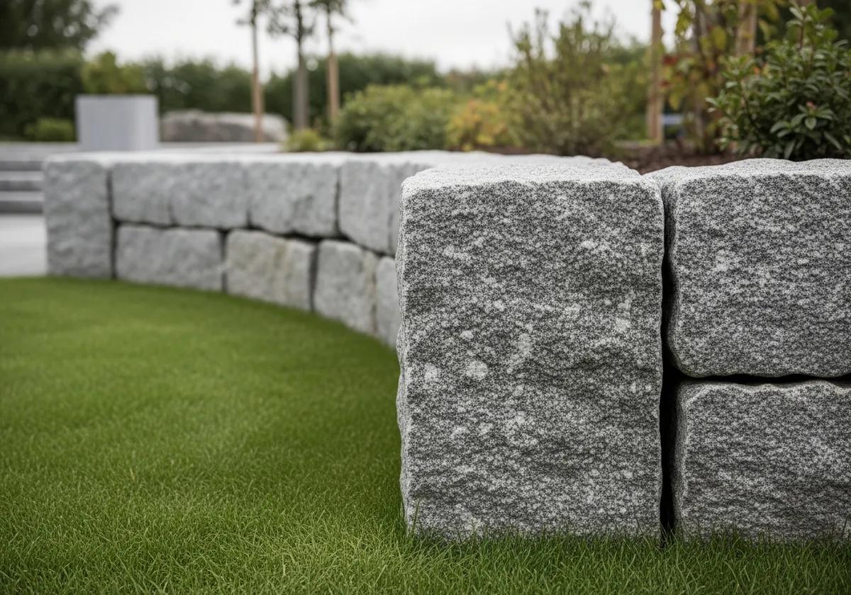 Stödmur av murblock i grå granit