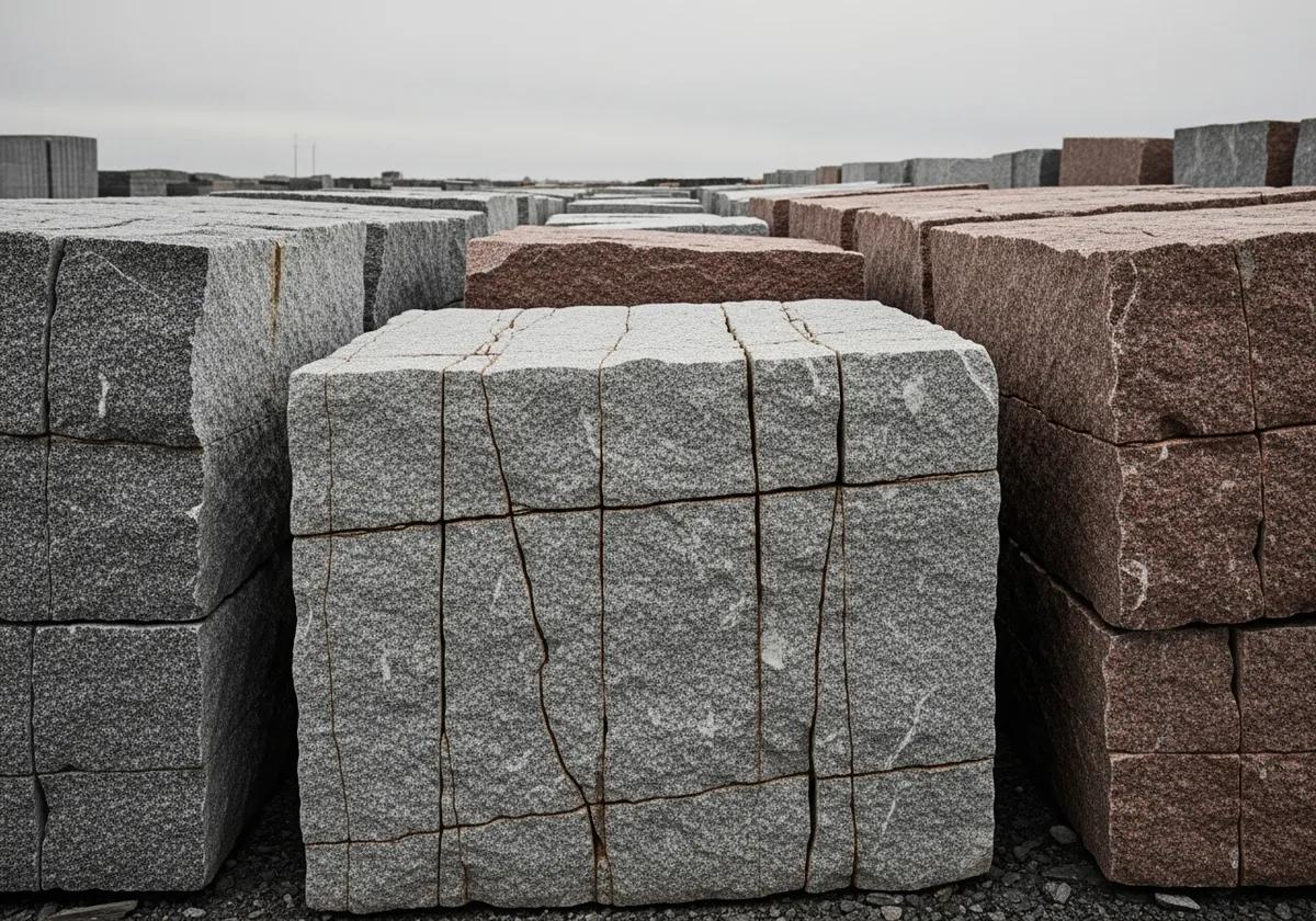 Råblock i granit på blockupplag