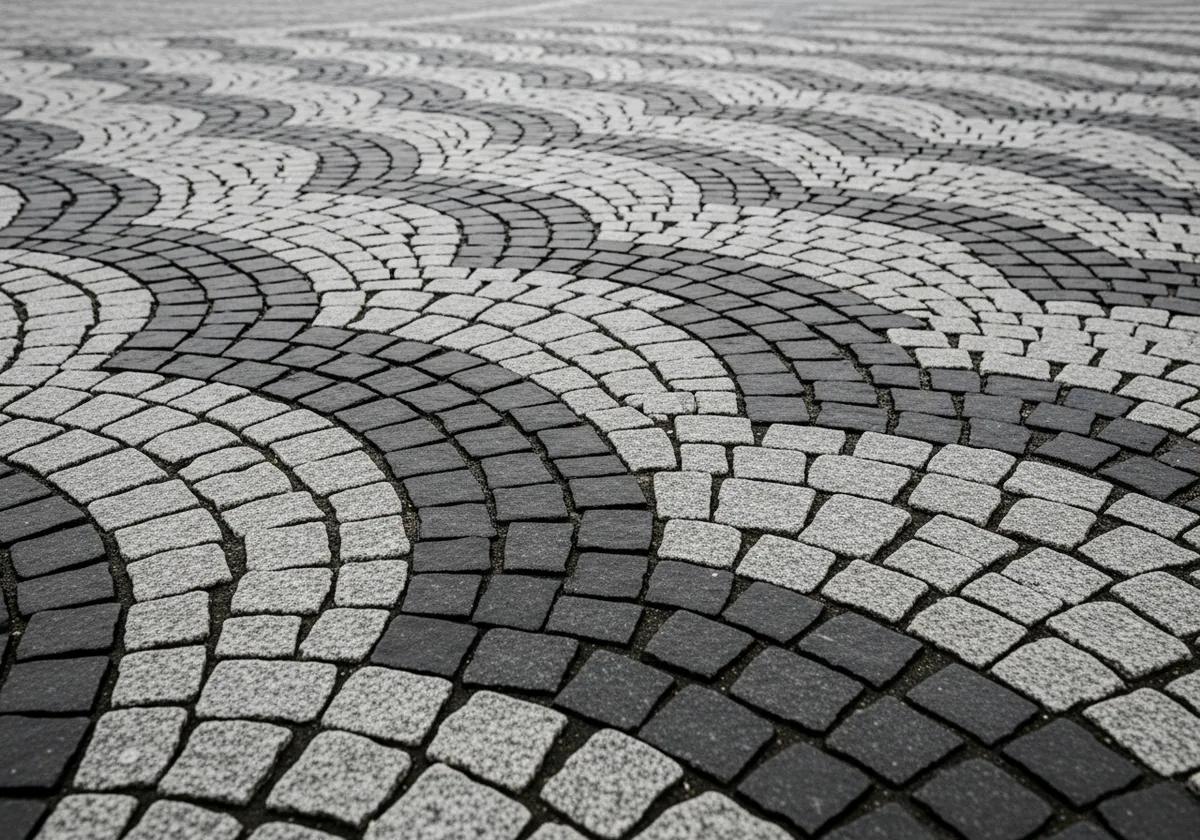 Smågatsten i grå granit lagd i bågsättning